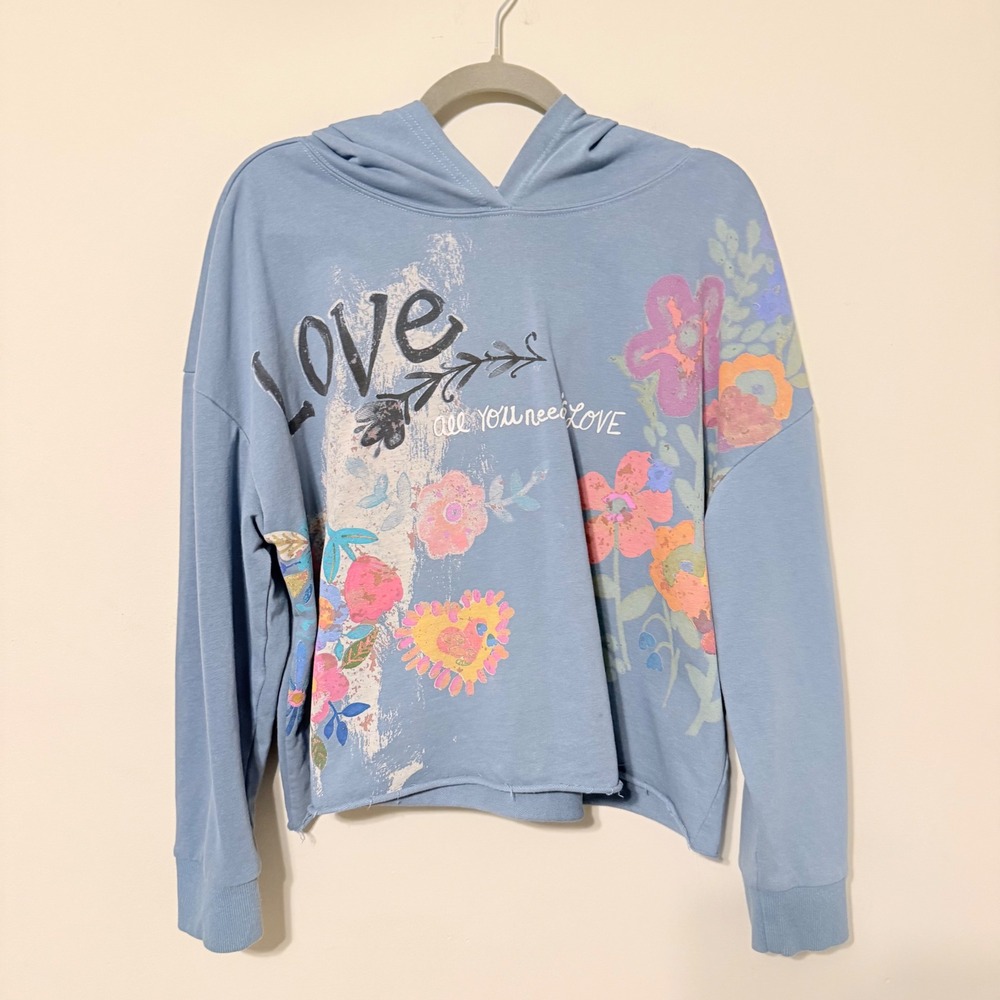 Natural Life Womens XL Blue Floral Love Cropped Hoodie Sweatshirt Boho Raw Hem